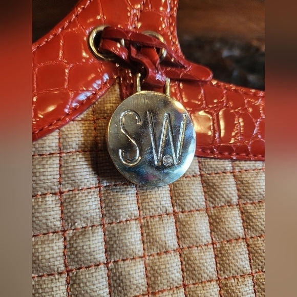 STUART WEITZMAN quilted tote with orange patent leather accents & gold hardware - Picture 14 of 16